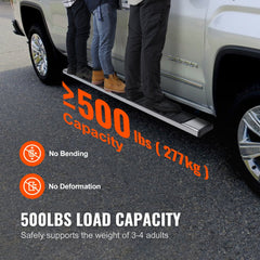 Three people stand on a stainless steel running board attached to a silver truck.