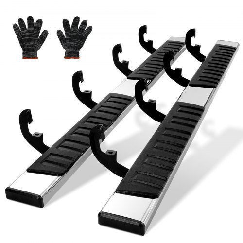 Stainless steel running boards with a 6-inch wide non-slip surface for Chevy Silverado and GMC Sierra.