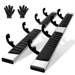 Stainless steel running boards with a 6-inch wide non-slip surface for Chevy Silverado and GMC Sierra.