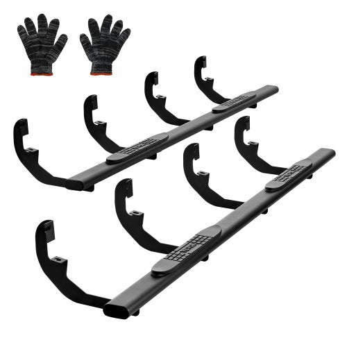 Two black running boards with mounting brackets and a pair of work gloves are shown.