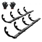 Two black running boards with mounting brackets and a pair of work gloves are shown.