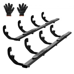 Two black running boards with mounting brackets and a pair of work gloves are shown.