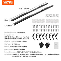 3-inch black running boards for 2019-2023 Chevy Silverado 1500 Crew Cab with mounting hardware.