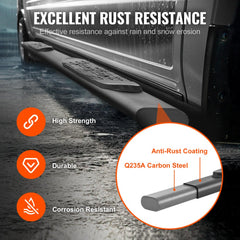 Black 3-inch running boards mounted on a Toyota Tacoma Crew Cab side, highlighting rust resistance and high-strength Q235A carbon steel.