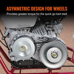 Close-up of Bostome 30 Series go-kart torque converter kit with 3/4-inch drive wheel and belt.