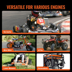 Collage showing Bostome 30 Series torque converter kit used on go-karts, mini bikes, ATVs, lawn mowers, and generators.