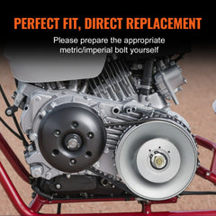 A go-kart engine with a black drive clutch and a silver driven clutch connected by a belt.