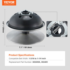 A black and silver go-kart drive clutch with dimensions of 4.9" H x 7.1" W.