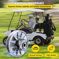 Silver high-torque driven clutch installed on a white Club Car golf cart with two passengers.