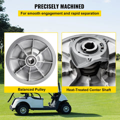 Silver high-torque driven clutch with balanced pulley and heat-treated center shaft for Club Car golf carts.