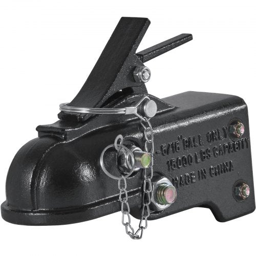 Black adjustable trailer coupler with 2-5/16-inch ball for 15,000 lbs capacity.
