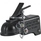 Black adjustable trailer coupler with 2-5/16-inch ball for 15,000 lbs capacity.