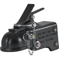 Black adjustable trailer coupler with 2-5/16-inch ball for 15,000 lbs capacity.