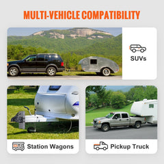 Graphic showing Bostome adjustable trailer coupler compatible with SUVs, station wagons, and pickup trucks towing trailers.