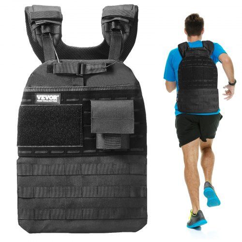 Black adjustable weighted vest with velcro pockets and padded shoulder straps shown on a running man.