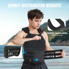 Man wearing black Bostome 40lb adjustable weighted vest with padded shoulders and straps.