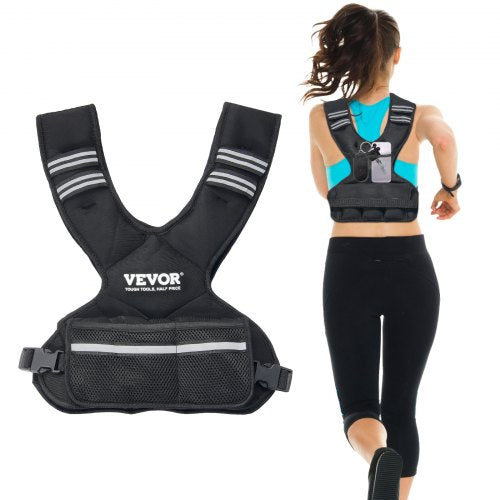 Adjustable weighted vest with neoprene fabric, padded shoulders, and reflective stripes.