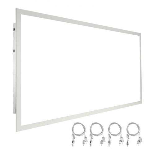 A white 2x4 ft rectangular LED flat panel light with slim frame, mounting brackets, and multiple power cords.