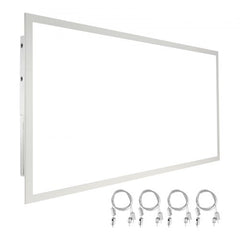 A white 2x4 ft rectangular LED flat panel light with slim frame, mounting brackets, and multiple power cords.