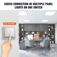 Diagram showing series connection of multiple 2x4 FT LED flat panel lights controlled by one switch in an office.