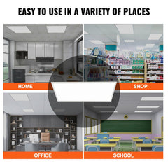 Collage showing 2x4FT LED flat panel lights installed in home, shop, office, and school settings.