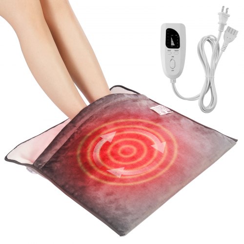 Soft flannel electric heated foot warmer with controller and glowing heat indicator on feet.