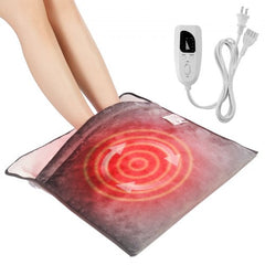 Soft flannel electric heated foot warmer with controller and glowing heat indicator on feet.