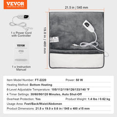 Soft flannel electric heated foot warmer with controller, 21.5 by 19 inches, gray and white.