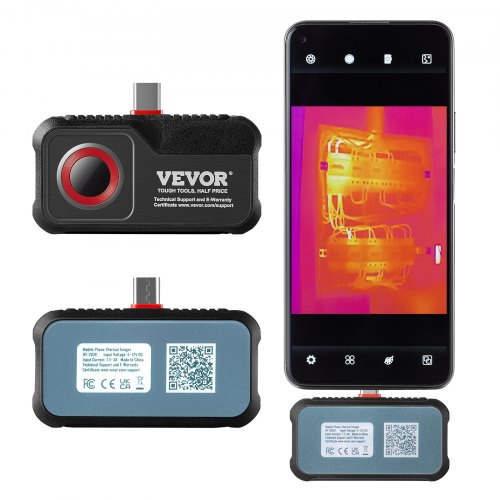 Bostome thermal imaging camera for Android with 256x192 IR resolution, shown attached to a smartphone displaying a thermal image.
