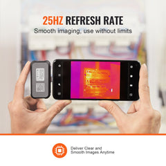 Hands holding a gray Bostome thermal imaging camera attached to an Android smartphone displaying a thermal image.