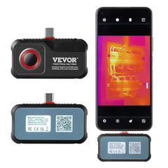 Bostome thermal imaging camera for Android with 256x192 IR resolution, shown attached to a smartphone displaying thermal images.
