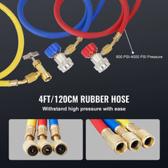 Set of color-coded 4ft rubber hoses with brass fittings for AC vacuum pump, rated 800-4000 PSI.