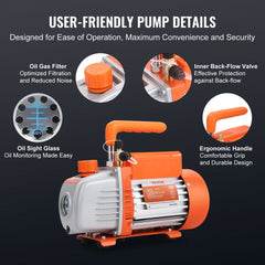 Single-stage AC vacuum pump with ergonomic orange handle, oil sight glass, and gauge set.