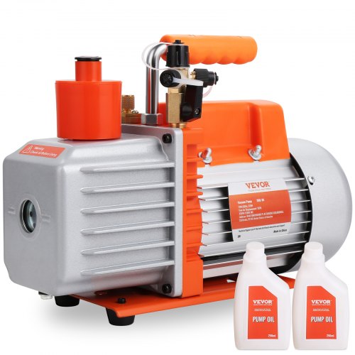 Bostome 1/2 HP 2-stage rotary vane vacuum pump with orange handle and two pump oil bottles.
