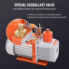 Silver 1/2 HP 2-stage rotary vane vacuum pump with orange accents and gas ballast valve.