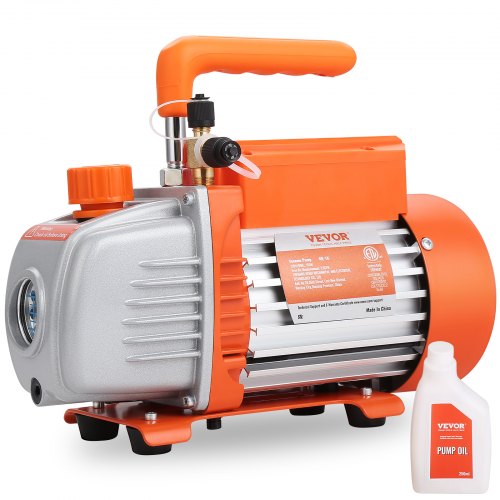 Orange Bostome 1/5 HP single-stage vacuum pump with 3.5 CFM capacity, 120V, and included oil bottle.