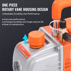Orange Bostome 1/5 HP single-stage vacuum pump with rotary vane housing and oil sight glass.