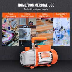 Bostome 1/5 HP single-stage vacuum pump with 3.5 CFM flow, orange and white design, for HVAC and resin degassing.