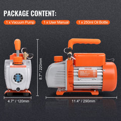 Bostome 1/5 HP single-stage vacuum pump with 3.5 CFM, 120V, in orange and white, shown with dimensions and package contents.