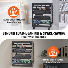 12U open frame server rack with adjustable depth and wall mount capability for IT equipment.