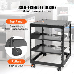 Bostome 12U Open Frame Server Rack with adjustable depth and mobile caster design for easy access.