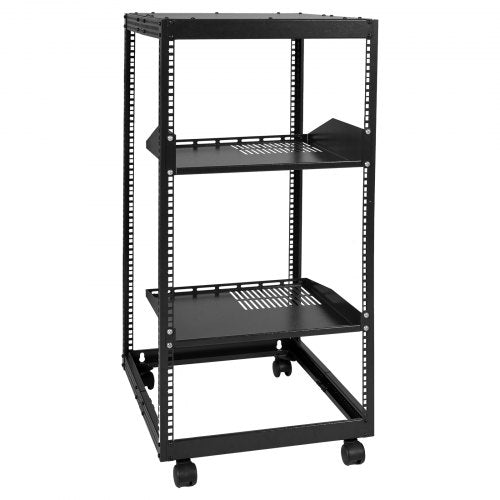 Black 20U open frame server rack with adjustable depth and casters.