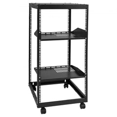 Black 20U open frame server rack with adjustable depth and casters.
