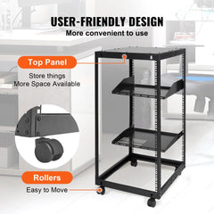 Black 20U open frame server rack with adjustable depth and caster wheels for mobility