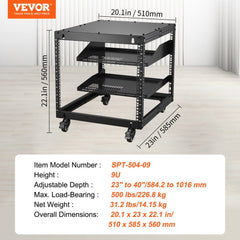 Bostome 9U 4 Post Open Frame Server Rack with adjustable depth from 23" to 40" and casters.
