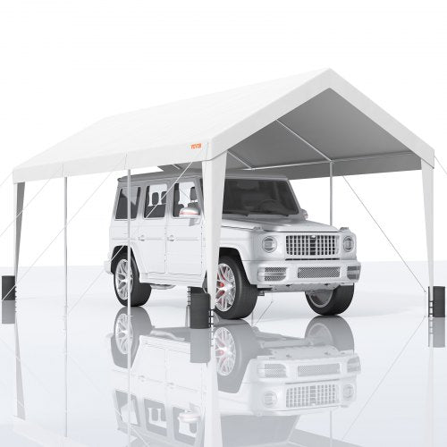 White 10x20ft heavy-duty carport with UV-resistant waterproof PE canopy and galvanized steel frame.