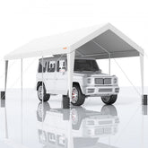 White 10x20ft heavy-duty carport with UV-resistant waterproof PE canopy and galvanized steel frame.