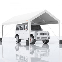 White 10x20ft heavy-duty carport with UV-resistant waterproof PE canopy and galvanized steel frame.