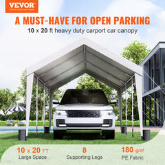 A white 10x20ft heavy-duty carport canopy with UV-resistant waterproof PE fabric and galvanized steel frame.