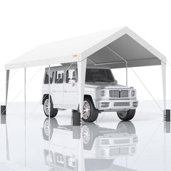 A white 10x20ft heavy-duty carport canopy with UV-resistant waterproof PE fabric and galvanized steel frame.